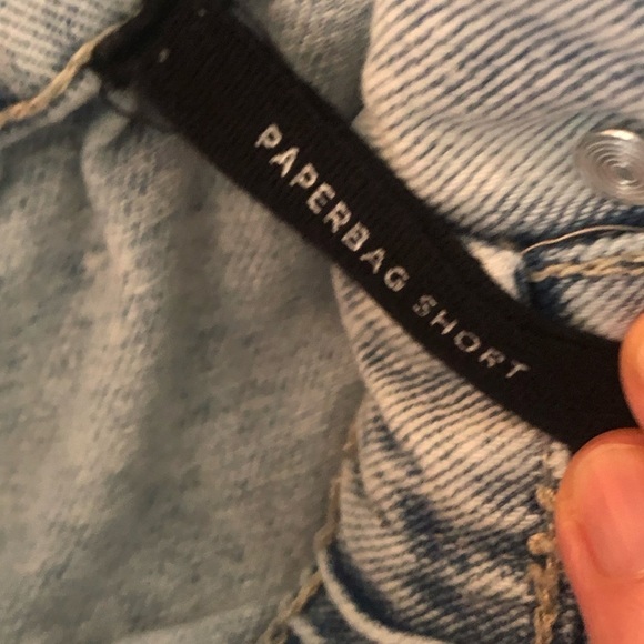 Super HI-RISE paperbag elastic belted waist light wash cotton denim shor… - Picture 5 of 12